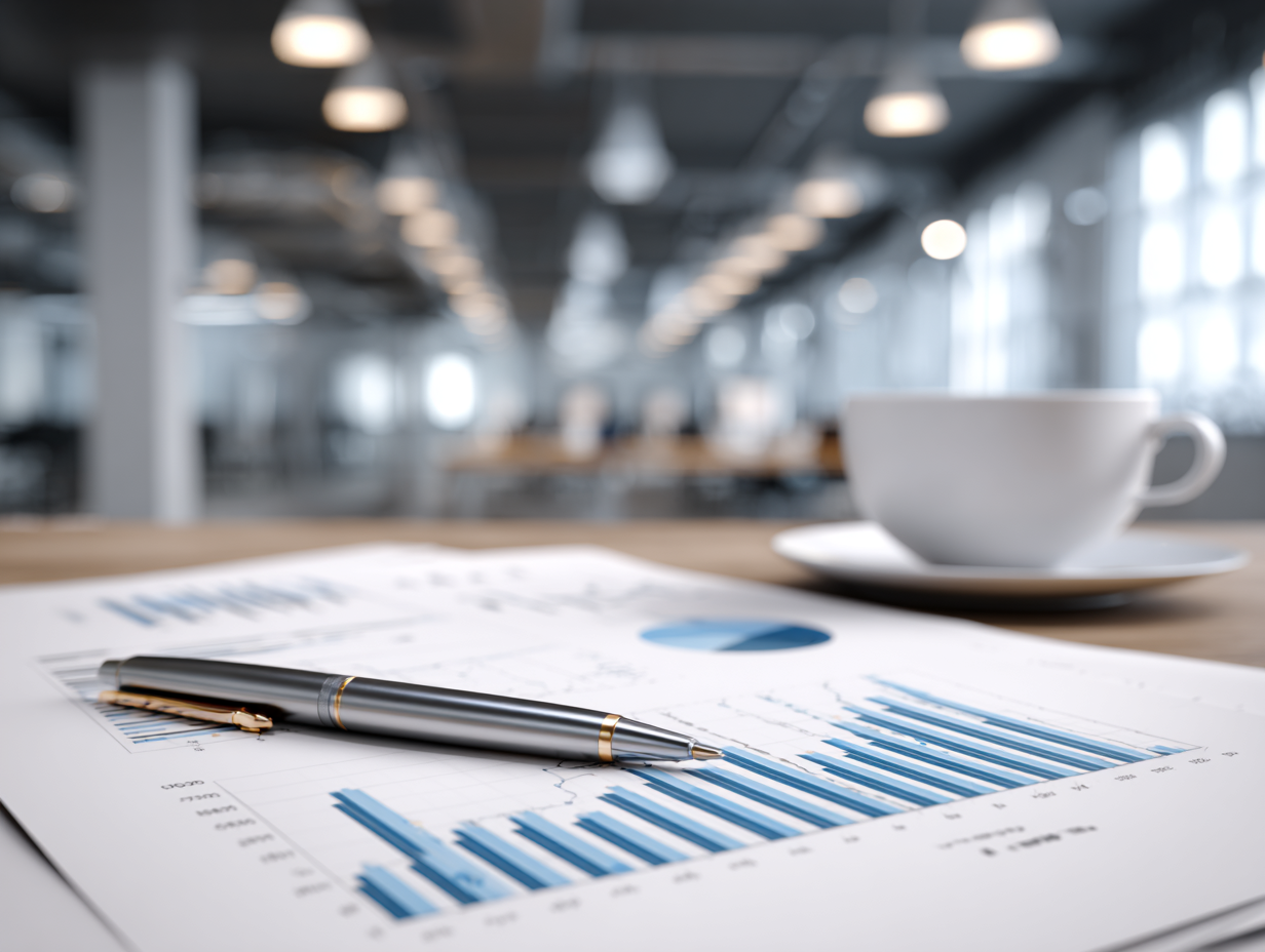 Printed bar charts and graphs on paper with a ballpoint pen and a white coffee cup on an office desk